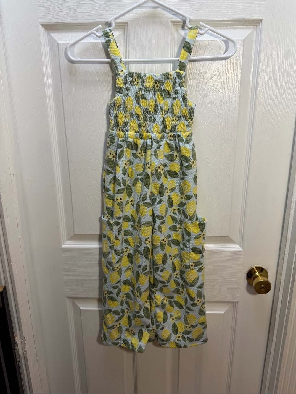 Girls' Lemon Print Smocked Jumpsuit in Yellow & Green